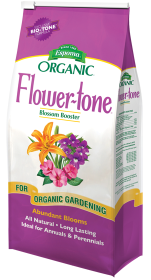 Flower-tone is a premium flower food that is low in nitrogen and higher in phosphorous and potassium to maintain good plant growth and promote blooms rather than heavy foliage. Flower-tone’s natural organics breakdown gradually providing a safe, long lasting food reservoir activated throughout the growing season. 