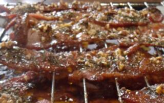 Pecan Rosemary Chocolate Mint Candied Bacon with Frank's Honey
