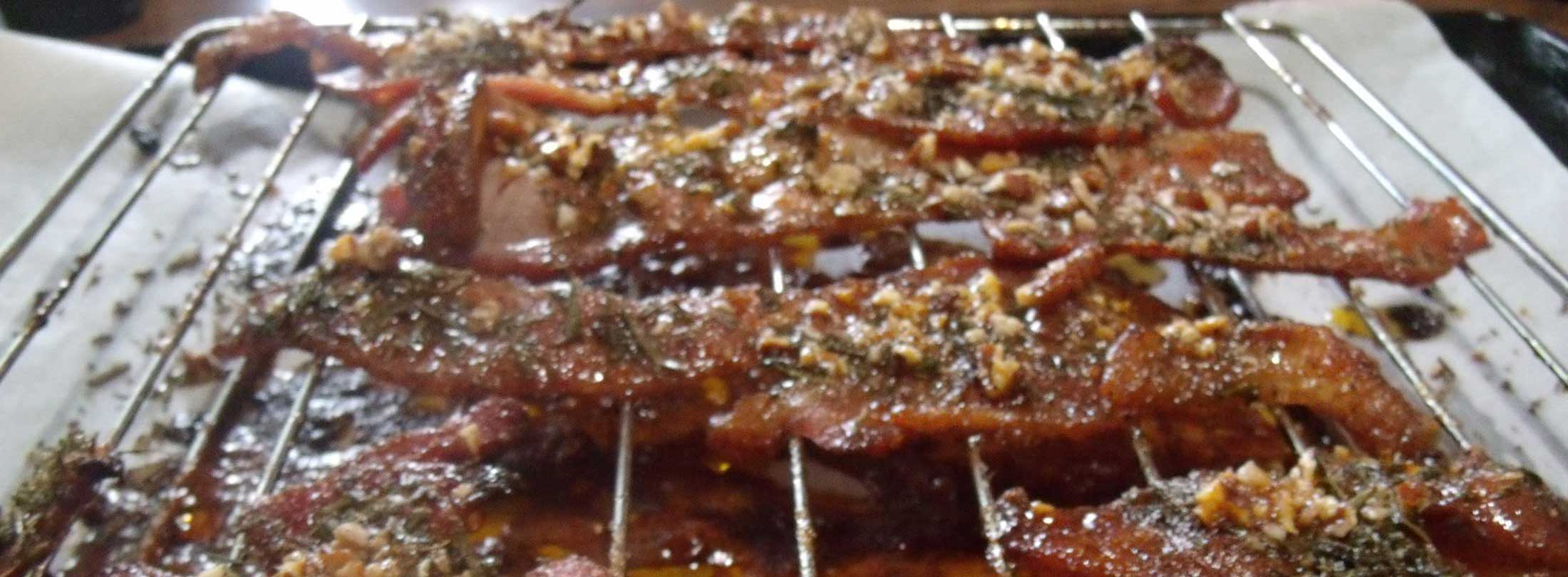 Pecan Rosemary Chocolate Mint Candied Bacon with Frank's Honey
